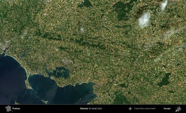 Vannes. Copernicus Sentinel 'in Haziran 2021' de çekilmiş uydu görüntüsü üzerine Fransa 'nın idari bölgesi.
