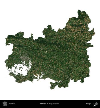 Vannes. Fransa 'nın idari bölgesi, Ağustos 2021' de çekilen Kopernik Nöbetçi karolarından oluşan bir uydu görüntüsüyle beyaza izole edildi.