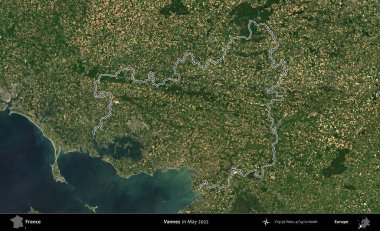 Vannes. Mayıs 2022 'de çekilen Copernicus Sentinel karolarından oluşan bir uydu görüntüsünde Fransa' nın idari bölgesinin ana hatları belirlendi.