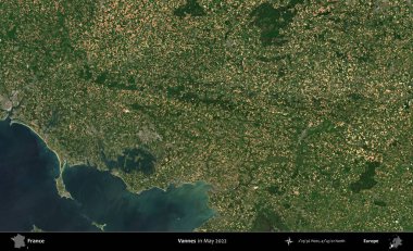 Vannes. Copernicus Sentinel 'in Mayıs 2022' de çekilmiş uydu görüntüsü üzerine Fransa 'nın idari bölgesi.