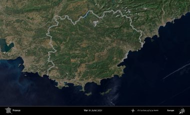 Var. Copernicus Sentinel 'in Haziran 2021' de çekilen uydu görüntüsünde Fransa 'nın idari bölgesinin ana hatları belirlendi.