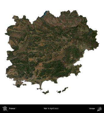 Var. Fransa 'nın idari bölgesi, Nisan 2022' de çekilen Kopernik Nöbetçi karolarından oluşan bir uydu görüntüsüyle beyaza izole edildi.