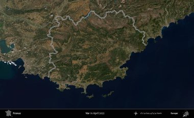 Var. Nisan 2022 'de çekilen Copernicus Sentinel karolarından oluşan bir uydu görüntüsünde Fransa' nın idari bölgesinin ana hatları belirlendi.