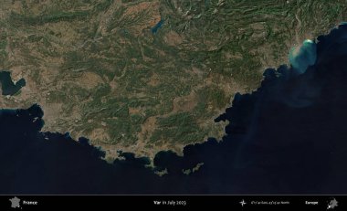 Var. Copernicus Sentinel 'in Temmuz 2023' te çekilmiş uydu görüntüsü üzerine Fransa 'nın idari bölgesi.