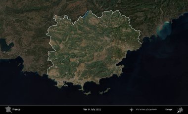 Var. Fransa 'nın idari alanı, Temmuz 2023' te çekilen Kopernik Nöbetçi karolarından oluşan koyu renkli bir uydu görüntüsüyle vurgulandı ve özetlendi.