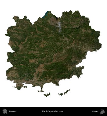 Var. Fransa 'nın idari bölgesi, Eylül 2024' te çekilen Kopernik Nöbetçi karolarından oluşan uydu görüntüsüyle beyaza izole edildi.