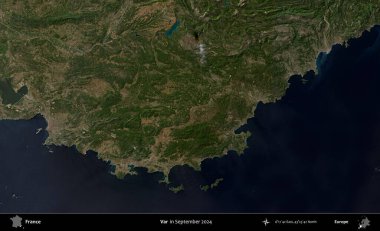 Var. Copernicus Sentinel 'in Eylül 2024' te çekilmiş uydu görüntüsü üzerine Fransa 'nın idari bölgesi.