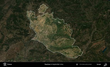 Vaucluse. Fransa 'nın idari alanı, Eylül 2024' te çekilen Kopernik Nöbetçi karolarından oluşan koyu renkli bir uydu görüntüsü üzerinde vurgulandı ve özetlendi.