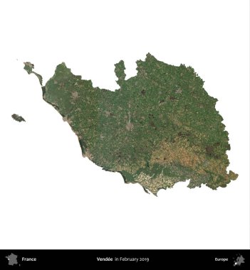Vendee. Fransa 'nın idari bölgesi, Şubat 2019' da çekilen Kopernik Nöbetçi karolarından oluşan uydu görüntüsüyle beyaza izole edildi.