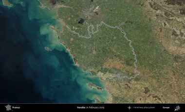 Vendee. Copernicus Sentinel 'in Şubat 2019' da çekilen uydu görüntüsünde Fransa 'nın idari bölgesinin ana hatları belirlendi.