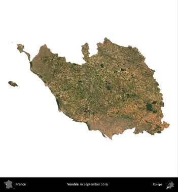 Vendee. Fransa 'nın idari bölgesi, Eylül 2019' da çekilen Kopernik Nöbetçi karolarından oluşan uydu görüntüsüyle beyaza izole edildi.