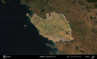 Vendee. Fransa 'nın idari alanı, Eylül 2019' da çekilen Kopernik Nöbetçi karolarından oluşan koyu renkli bir uydu görüntüsü üzerinde vurgulandı ve özetlendi.