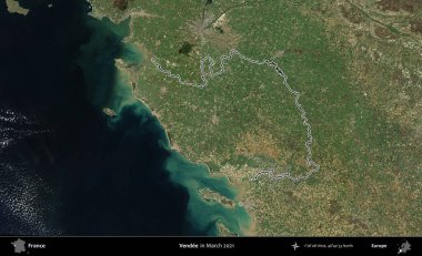 Vendee. Mart 2021 'de çekilen Copernicus Sentinel karolarından oluşan bir uydu görüntüsünde Fransa' nın idari bölgesinin ana hatları belirlendi.