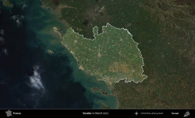 Vendee. Fransa 'nın idari alanı, Mart 2022' de çekilen Kopernik Sentinel karolarından oluşan koyu renkli bir uydu görüntüsü üzerinde vurgulandı ve özetlendi.