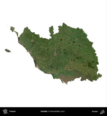 Vendee. Fransa 'nın idari bölgesi, Kasım 2022' de çekilen Kopernik Nöbetçi karolarından oluşan uydu görüntüsüyle beyaza izole edildi.