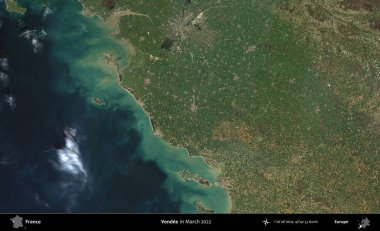 Vendee. Copernicus Sentinel 'in Mart 2022' de çekilmiş uydu görüntüsü üzerine Fransa 'nın idari bölgesi.