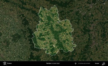 Verdun. Fransa 'nın idari alanı, Haziran 2020' de çekilen Kopernik Nöbetçi karolarından oluşan koyu renkli bir uydu görüntüsüyle vurgulandı ve özetlendi.