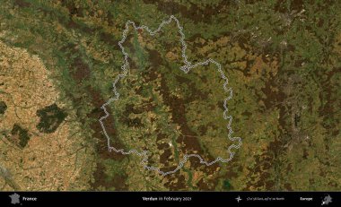 Verdun. Copernicus Sentinel 'in Şubat 2021' de çekilen uydu görüntüsünde Fransa 'nın idari bölgesinin ana hatları belirlendi.
