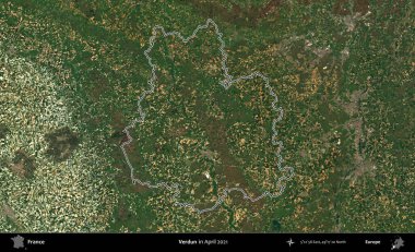 Verdun. Copernicus Sentinel 'in Nisan 2021' de çekilen uydu görüntüsünde Fransa 'nın idari bölgesinin ana hatları belirlendi.