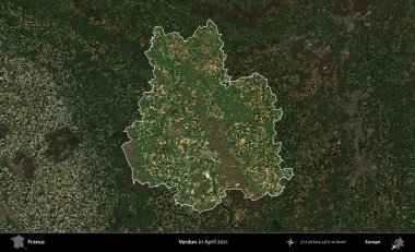 Verdun. Fransa 'nın idari alanı, Nisan 2021' de çekilen Kopernik Sentinel karolarından oluşan koyu renkli bir uydu görüntüsü üzerinde vurgulandı ve özetlendi.