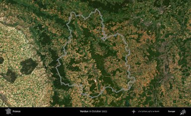 Verdun. Ekim 2022 'de çekilen Kopernik Sentinel karolarından oluşan bir uydu görüntüsünde Fransa' nın idari bölgesinin ana hatları belirlendi.
