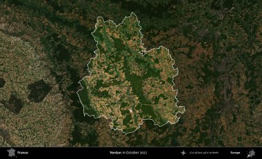 Verdun. Fransa 'nın idari alanı, Ekim 2022' de çekilen Kopernik Nöbetçi karolarından oluşan koyu renkli bir uydu görüntüsü üzerinde vurgulandı ve özetlendi.