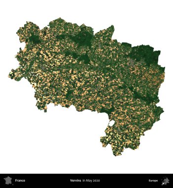 Vervinler. Fransa 'nın idari bölgesi, Mayıs 2020' de çekilen Kopernik Nöbetçi karolarından oluşan bir uydu görüntüsüyle beyaza izole edildi.