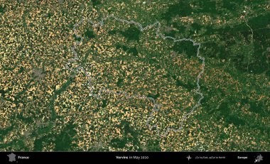 Vervinler. Mayıs 2020 'de çekilen Copernicus Sentinel karolarından oluşan bir uydu görüntüsünde Fransa' nın idari bölgesinin ana hatları belirlendi.