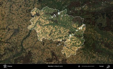 Vervinler. Fransa 'nın idari alanı, Mart 2022' de çekilen Kopernik Sentinel karolarından oluşan koyu renkli bir uydu görüntüsü üzerinde vurgulandı ve özetlendi.