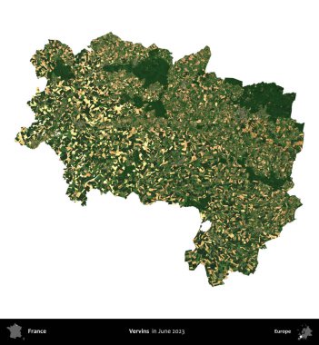 Vervinler. Fransa 'nın idari bölgesi, Haziran 2023' te çekilen Kopernik Nöbetçi karolarından oluşan bir uydu görüntüsüyle beyaza izole edildi.