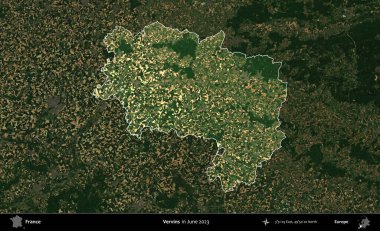 Vervinler. Fransa 'nın idari alanı, Haziran 2023' te çekilen Kopernik Nöbetçi karolarından oluşan koyu renkli bir uydu görüntüsüyle vurgulandı ve özetlendi.