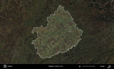 Vesoul. Fransa 'nın idari alanı, Mart 2022' de çekilen Kopernik Sentinel karolarından oluşan koyu renkli bir uydu görüntüsü üzerinde vurgulandı ve özetlendi.