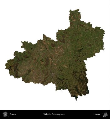 Vichy. Fransa 'nın idari bölgesi, Şubat 2022' de çekilen Kopernik Nöbetçi karolarından oluşan bir uydu görüntüsüyle beyaza izole edildi.