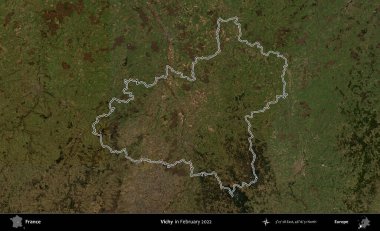 Vichy. Copernicus Sentinel 'in Şubat 2022' de çekilen uydu görüntüsünde Fransa 'nın idari bölgesinin ana hatları belirlendi.