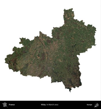 Vichy. Fransa 'nın idari bölgesi, Mart 2022' de çekilen Kopernik Nöbetçi karolarından oluşan bir uydu görüntüsüyle beyaza izole edildi.