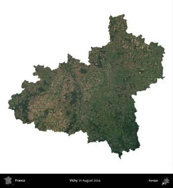 Vichy. Fransa 'nın idari bölgesi, Ağustos 2024' te çekilen Kopernik Nöbetçi karolarından oluşan bir uydu görüntüsüyle beyaza izole edildi.