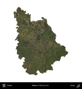 Vienne. Fransa 'nın idari bölgesi, Şubat 2021' de çekilen Kopernik Nöbetçi karolarından oluşan bir uydu görüntüsüyle beyaza izole edildi.