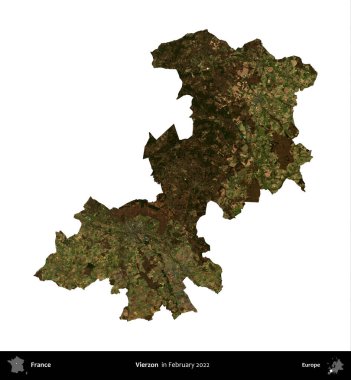 Vierzon. Fransa 'nın idari bölgesi, Şubat 2022' de çekilen Kopernik Nöbetçi karolarından oluşan bir uydu görüntüsüyle beyaza izole edildi.