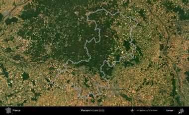 Vierzon. Haziran 2023 'te çekilen Copernicus Sentinel karolarından oluşan bir uydu görüntüsünde Fransa' nın idari bölgesinin ana hatları belirlendi.