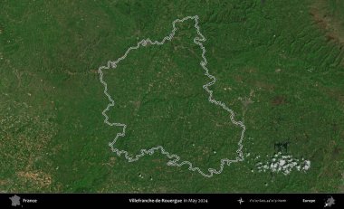 Villefranche-de-Rouergue 'da. Mayıs 2024 'te çekilen Copernicus Sentinel karolarından oluşan bir uydu görüntüsünde Fransa' nın idari bölgesinin ana hatlarını çizdim.