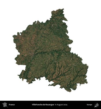 Villefranche-de-Rouergue 'da. Fransa 'nın idari bölgesi, Ağustos 2024' te çekilen Kopernik Nöbetçi karolarından oluşan bir uydu görüntüsüyle beyaza izole edildi.