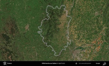 Villefranche-sur-Saone. Nisan 2022 'de çekilen Copernicus Sentinel karolarından oluşan bir uydu görüntüsünde Fransa' nın idari bölgesinin ana hatları belirlendi.