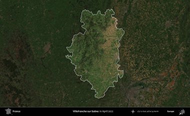 Villefranche-sur-Saone. Fransa 'nın idari alanı, Nisan 2022' de çekilen Kopernik Nöbetçi karolarından oluşan koyu renkli bir uydu görüntüsü üzerinde vurgulandı ve özetlendi.