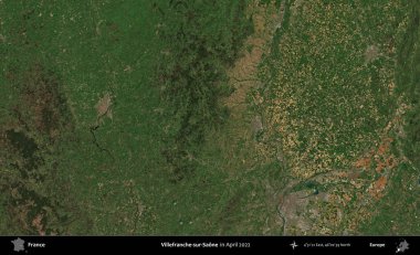 Villefranche-sur-Saone. Copernicus Sentinel 'in Nisan 2022' de çekilmiş uydu görüntüsü üzerine Fransa 'nın idari bölgesi.