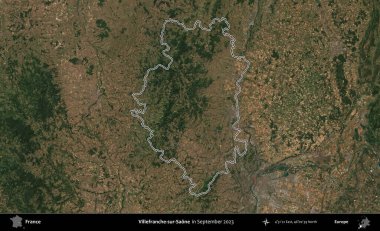 Villefranche-sur-Saone. Eylül 2023 'te çekilen Copernicus Sentinel karolarından oluşan bir uydu görüntüsünde Fransa' nın idari bölgesinin ana hatlarını çizdim.