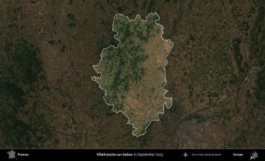 Villefranche-sur-Saone. Fransa 'nın idari alanı, Eylül 2023' te çekilen Kopernik Nöbetçi karolarından oluşan koyu renkli bir uydu görüntüsü üzerinde vurgulandı ve özetlendi.