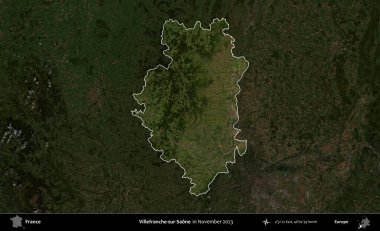 Villefranche-sur-Saone. Fransa 'nın idari alanı, Kasım 2023' te çekilen Kopernik Nöbetçi karolarından oluşan koyu renkli bir uydu görüntüsü üzerinde vurgulandı ve özetlendi.