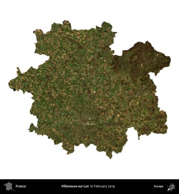 Villeneuve-sur-Lot. Fransa 'nın idari bölgesi, Şubat 2019' da çekilen Kopernik Nöbetçi karolarından oluşan uydu görüntüsüyle beyaza izole edildi.