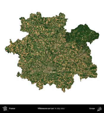 Villeneuve-sur-Lot. Fransa 'nın idari bölgesi, Temmuz 2022' de çekilen Kopernik Nöbetçi karolarından oluşan bir uydu görüntüsüyle beyaza izole edildi.