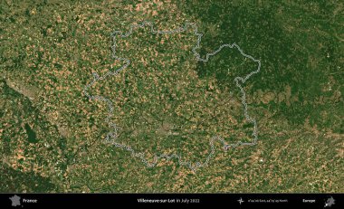 Villeneuve-sur-Lot. Copernicus Sentinel 'in Temmuz 2022' de çekilen uydu görüntüsünde Fransa 'nın idari bölgesinin ana hatları belirlendi.